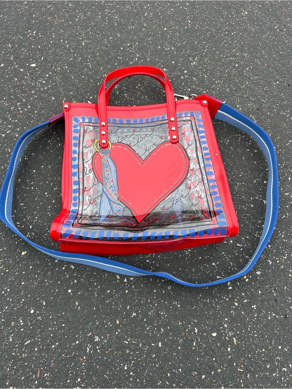 Brighton Love Clear Tote with Blue Detachable Strap & Red Heart Motif 9.5x10x4